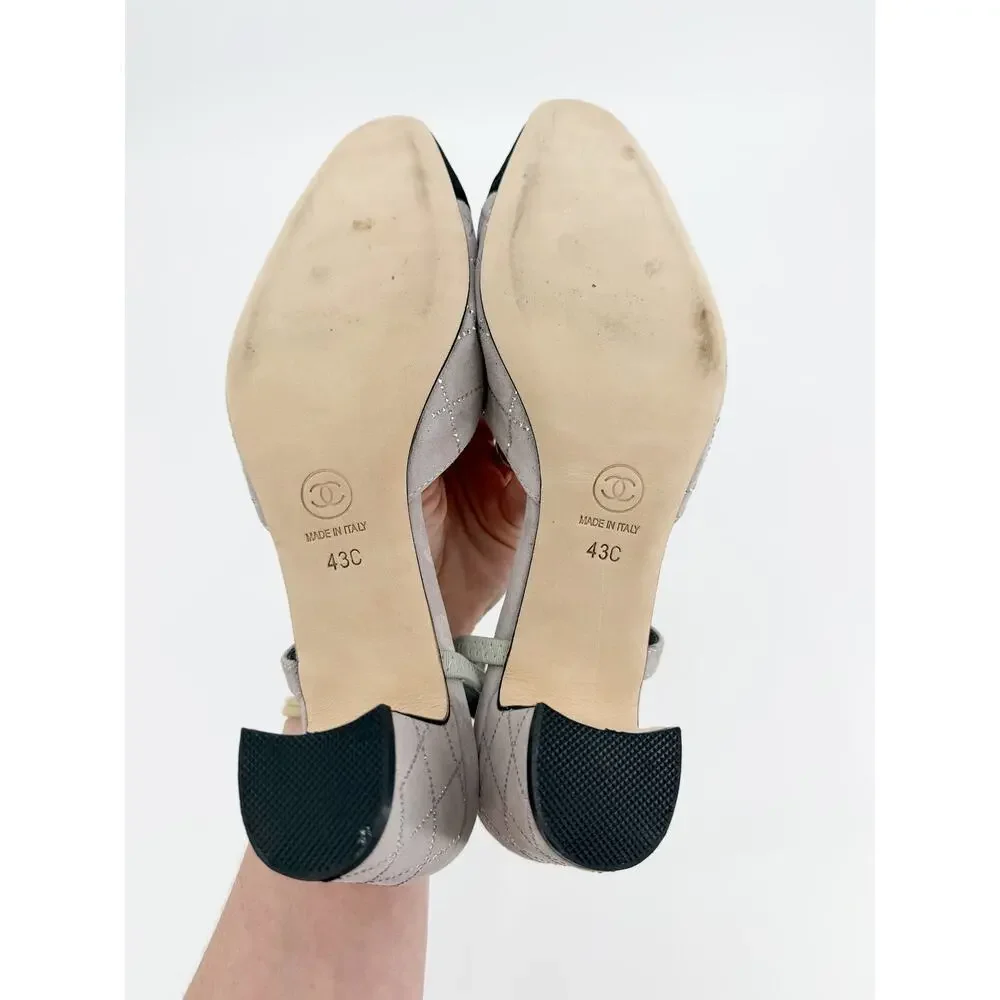 Chanel Quilted Suede Slingback Gray Crystal CC Logo Pumps Heels Size 43 EU 12